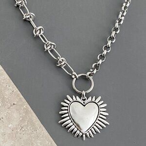 NEW, silver necklace, steel NON-TARNISH CHAIN, plated SPIKE HEART punk edgy goth
